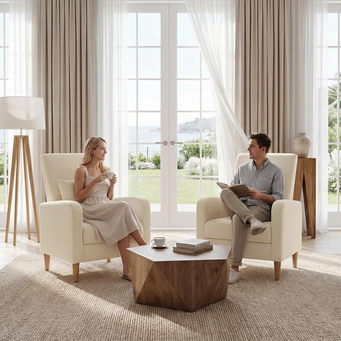 Beige Upholstered Accent Chair Featuring Lumbar Pillow