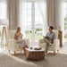 Beige Upholstered Accent Chair Featuring Lumbar Pillow