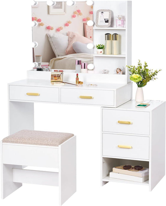 Makeup Vanity Desk with Mirror and 10 LED Lights, White Vanity with Power Outlet, 5 Drawers & Shelves, 3 Light Modes, Dressing Table with Stool for Bedroom UBDT58W