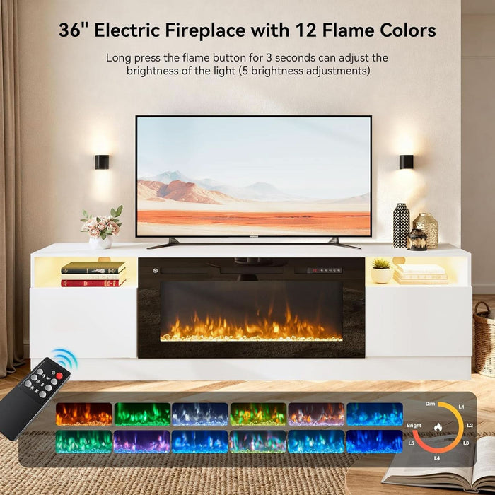 70" TV Stand with 36" Electric Fireplace, Large Modern Media Entertainment Center with Storage Cabinet and 12 Colors LED Lights for Tvs up to 80",White and Black