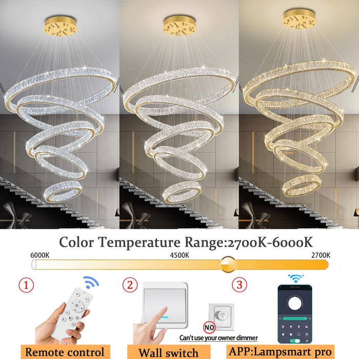 Modern Gold Ring Chandelier for High Ceiling Foyer,Large Crystal Chandelier for Staircase Villa D8''+15.7"+23.6"+31.5"+39.4"