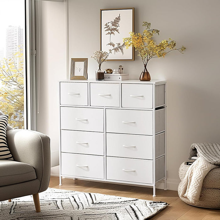 Nine Drawer Fabric Dresser With SteelFrame WalnutFinish