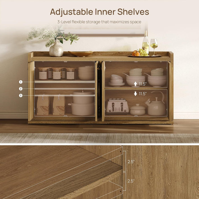 61.7" Buffet Cabinet 4-Door Sideboard Kitchen Living Room Brown Oak | Geometric Doors & Elegant Gold Handle, Slow-Close Door, 2 Separate Bays, 3-Level Adjustable Shelf, Kid & Pet Safe, 77 Lbs Top