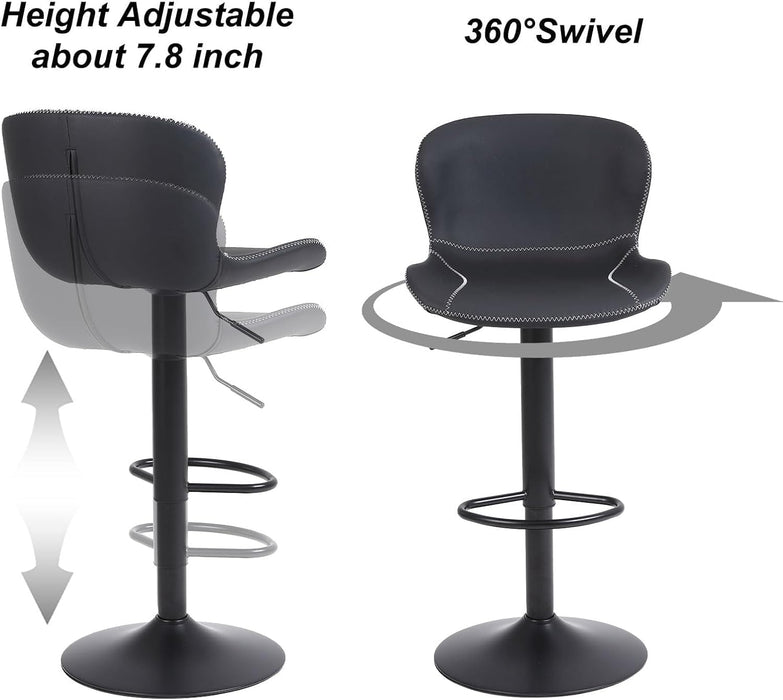 Bar Stools Set of 2, PU Leather Counter Height Barstools with Back, Height Adjustable Swivel Bar Chairs, Modern Armless Kitchen Island Stool, Black