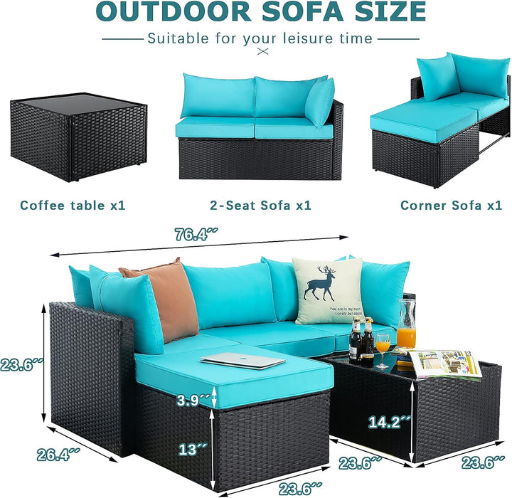 5 Pieces Patio Furniture Sets, Outdoor Sectional Sofa, All Weather Rattan Wicker Couch with Glass Table, Patio Conversation Set for Porch Backyard Garden Pool Deck Balcony