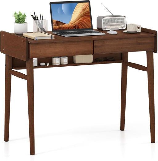 Mid Century Modern Desk, 39.5" Bamboo Computer Desk with 2 Drawers and Open Storage Shelf, Makeup Vanity Table, Wood Computer Workstation, Vintage Writing Desk for Bedroom, Walnut