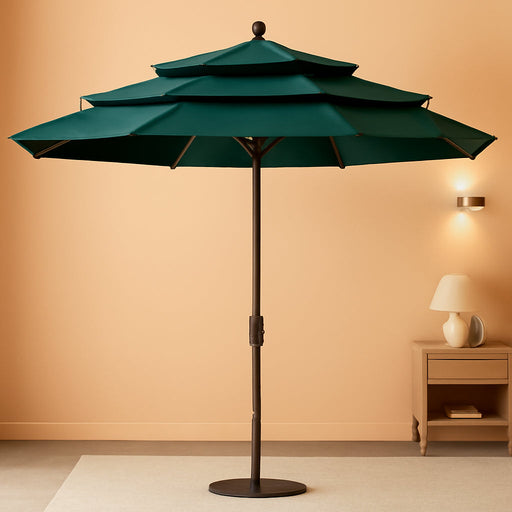 USA 10-Year-Non-Fading 9Ft 3-Tier Market Patio Umbrella, Commercial Grade Outdoor Table Umbrella with Crank Open, Windproof & UPF 50+ UV Protection, Heavy Duty Ventilation for Garden, Deck, Pool, Backyard, Beach & Bistro, Forest Green