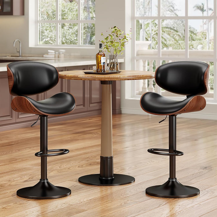 Swivel Bar Stools Set of 2 for Kitchen Counter, Adjustable Bentwood Barstools, Modern PU Leather Upholstered Bar Chair with Back and Footrest, for Bar, Kitchen, Dining Room, Black