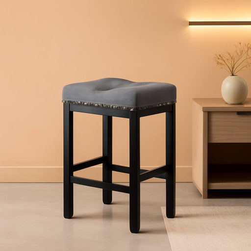 Bar Stools Set of 2, 24 Inch Saddle Backless Faux Leather Counter Height Stools with Black Metal Legs, Dark Gray