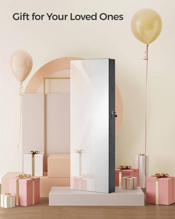 Mirror Jewelry Cabinet Armoire, Wall or Door Mounted Jewelry Storage, Hanging Lockable Frameless with 2 Plastic Cosmetic Organizers, Gift Idea, Black UJJC001B01