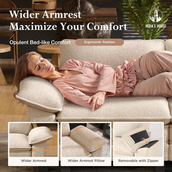 124-Inch Sectional Sofa, Comfy Cloud Couch with 3 Throw Pillows, 3-Seater Modular Sectional Sofa Couches for Living Room, Chenille Beige