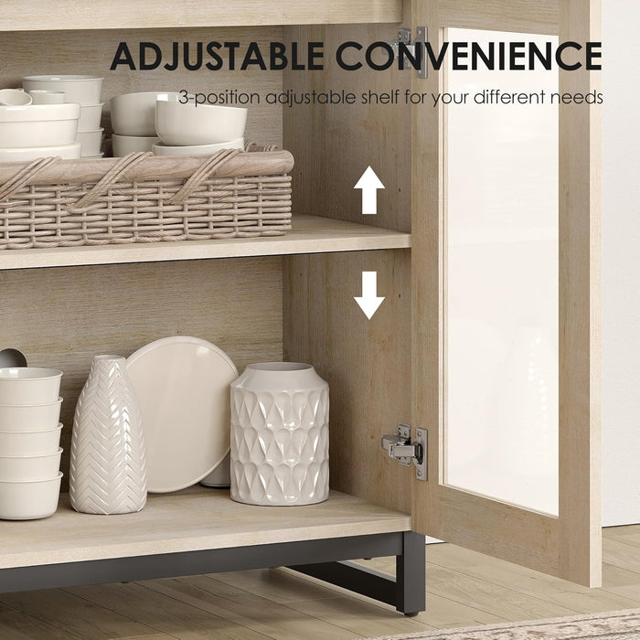 Modern TV Stand with Glass Doors for 110 Inch Tvs, 3 in 1 Entertainment Center Console with Adjustable Shelves and Metal Base for Living Room, Bedroom, Light Oak