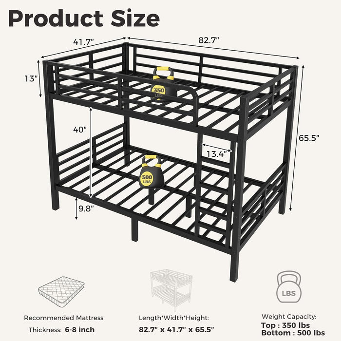 Twin XL over Twin XL Bunk Bed Frame, Heavy Duty Metal Loft Bed for Adults/Teens, 350/500LB Capacity W/Ladder & Guardrail, Noise-Free Steel Slats, No Box Spring Required, Black
