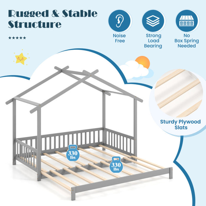 Extendable House Bed Twin to King Daybed with Roof and Fence Rails