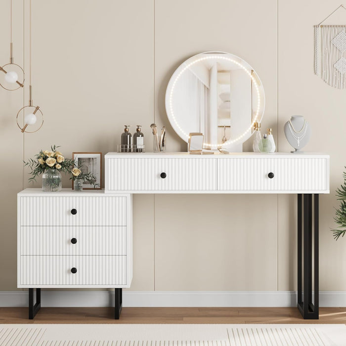 Vanity Desk with Mirror and Lights, 49.2”H Makeup Vanity with 3 Color Lights and Adjustable Brightness, Bedroom Vanity Table with 5 Drawers, White