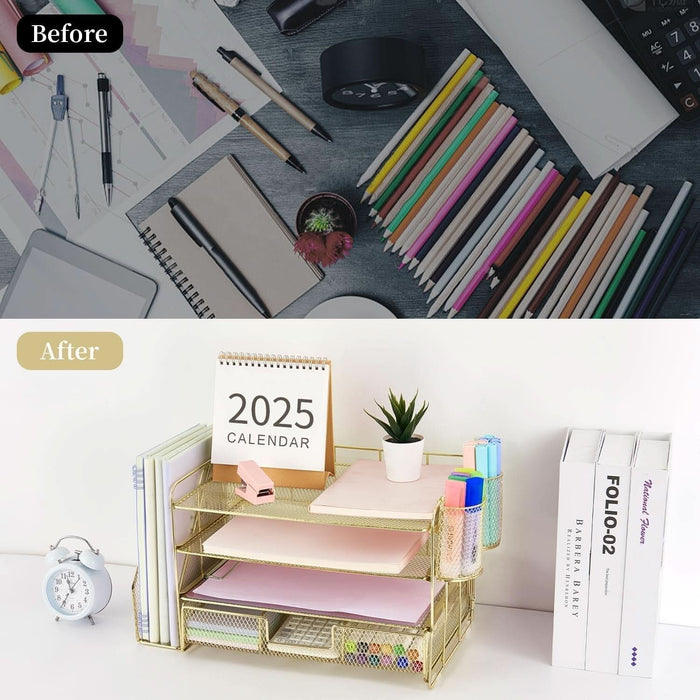 Paper Letter Tray Organizer with File Holder, 4-Tier Desk Accessories & Workspace Organizers with Drawer and 2 Pen Holder, Desk Organizers and Accessories for Office Supplies