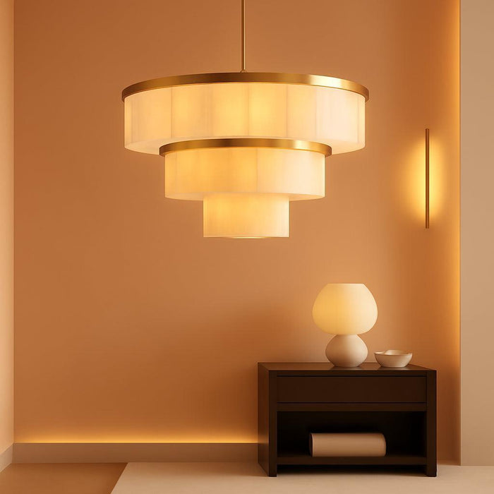 Round Alabaster Chandelier, 3 Tiers Natural Marble Chandelier D34"Gold Chandeliers for Dining Room, Modern Brass High Ceiling Chandeliers for Living Room, Foyer, Entryway, Staircase(Include 15 Bulbs )