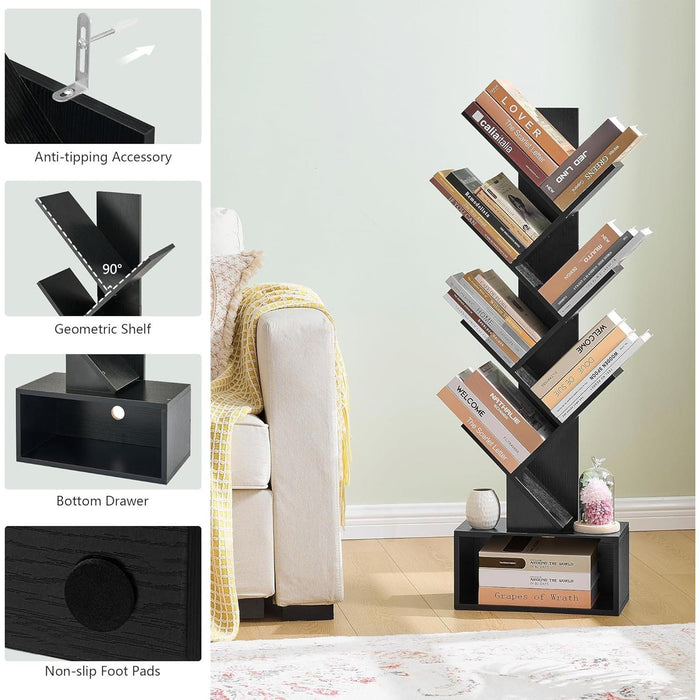 6 Tier Tree Bookshelf, Tall Bookcase with Drawer, Freestanding Book Shelf, Display Floor Standing Storage Shelf, Book Organizer Shelves for Home Office, Living Room, Bedroom, Black