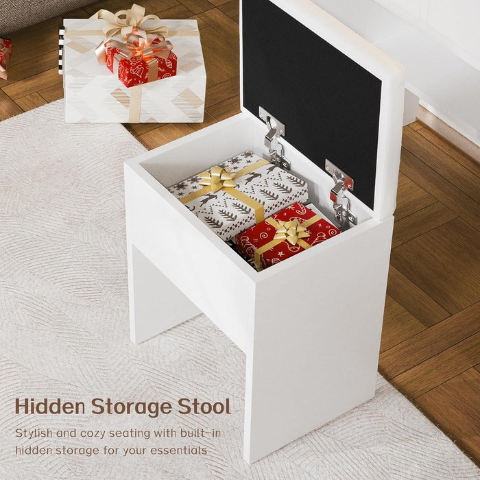 Makeup Vanity Desk with Mirror, Lights and Charging Station, White Vanity with 3 Lighting Modes, Dressing Table Set with 4 Drawers and Storage Chair for Bedroom