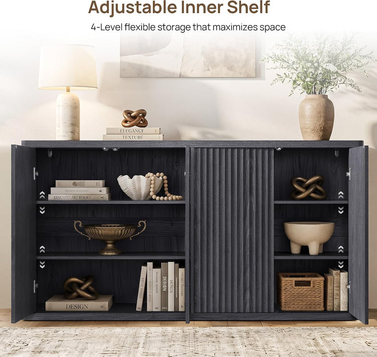 Buffet Cabinet with Storage Accent Sideboard with 4 Doors 66.3" Wide Fluted Credenza Modern Buffet Table Media Console Cabinet Entryway Cabinets for Living Room Kitchen Dining Room Hallway
