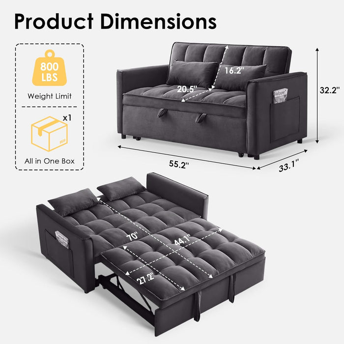 Dark Grey Convertible Sleeper Sofa Adjustable Backrest