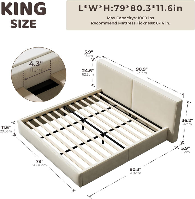 Cloud King Platform Bed Frame with Plush Headboard 6-Inch, Easy Assembly, Noise-Free Stability (Beige, King (U.S. Standard))