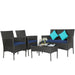 4 Pieces Patio Rattan Cushioned Sofa Set with Tempered Glass Coffee Table