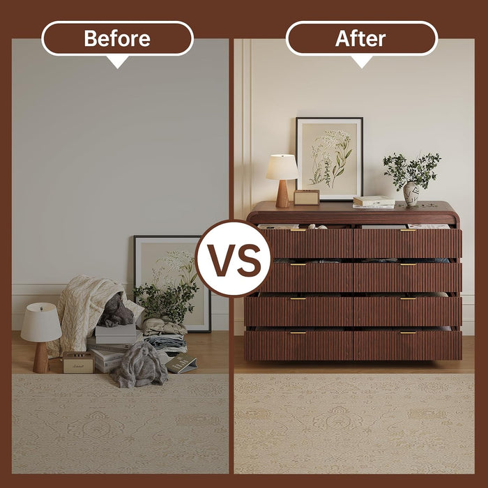 Fluted 8 Drawers Dresser for Bedroom, 55" Wide Wooden Dresser with Metal Handle, Curved Profile Design, Modern Storage Organizer for Bedroom, Living Room, Hallway, Dark Walnut