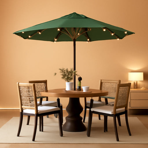 9FT Solar Umbrella 32 LED Lighted Patio Umbrella Table Market Umbrella W/Tilt and Crank, Uv-Resistant Outdoor Umbrella for Pool, Garden, Deck, Forest Green