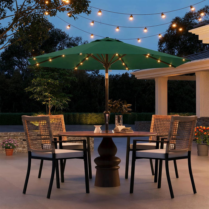 9FT Solar Umbrella 32 LED Lighted Patio Umbrella Table Market Umbrella W/Tilt and Crank, Uv-Resistant Outdoor Umbrella for Pool, Garden, Deck, Forest Green
