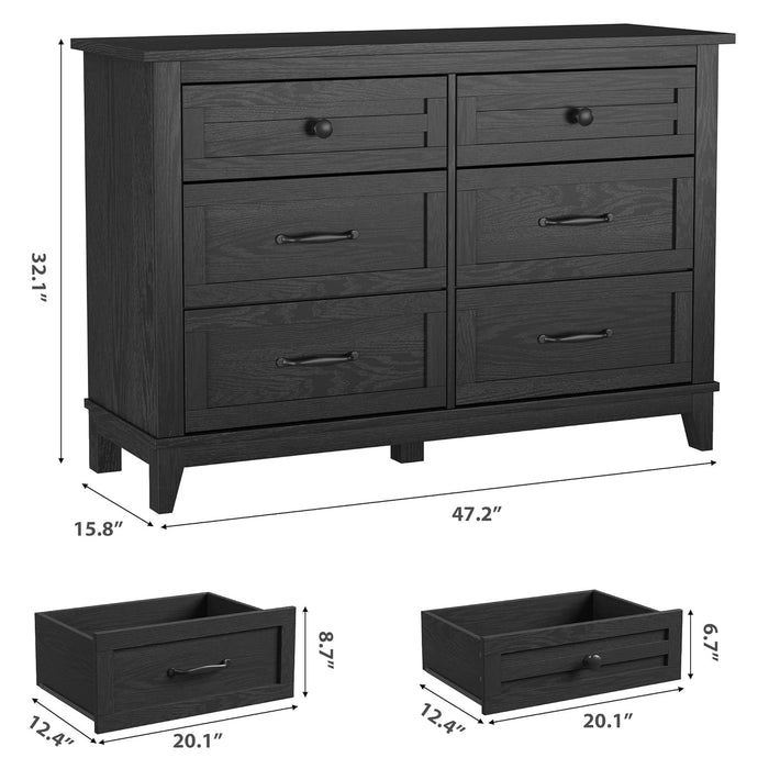 6 Dresser for Bedroom, 47 in Wide Drawer Dresser with Storage Freestanding, Wooden Closet Storage Chest for Living Room, Bedroom, Entryway, Dark Black
