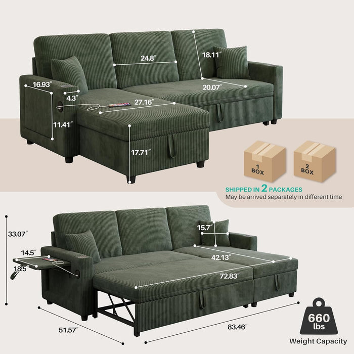 Luxurious Corduroy Green 83-Inch Sleeper Sectional Sofa
