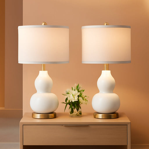Double Gourd Ceramic Table Lamps Set of 2, Modern White Bedside Lamps for Night Stand, Contemporary Nightstand Lamps for Bedroom Living Room (Bulb Included)