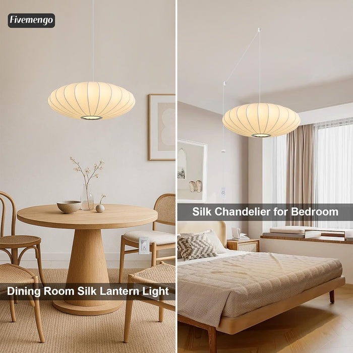 19.7In Plug in Lantern Pendant Light, White Imitation Silk Pendant Light Wabi Sabi Saucer Japanese Bubble Hanging Lamp Chandelier for Living Dinning Room Kitchen Island Bedroom 1 Pack