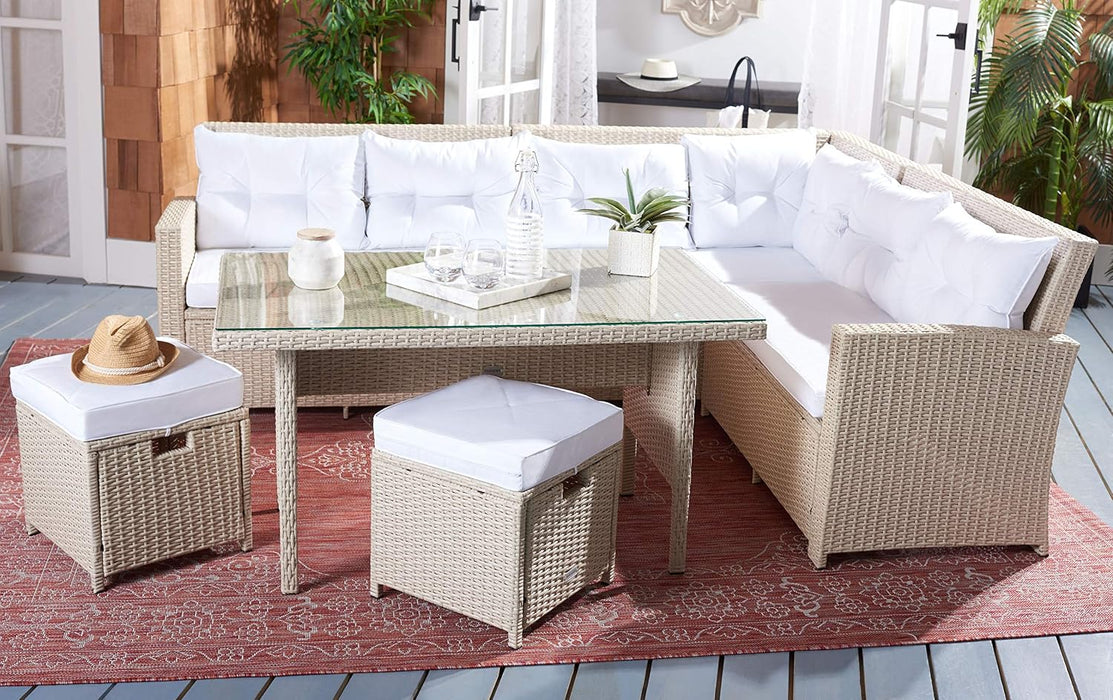 SAFAVIEH Outdoor - Miki 6-Piece Corner Sectional - Beige & White - Faux Wicker & Steel Frame - Wicker Sectional Set with Glass Table - Ideal for Patio, Deck, Porch, Backyard (PAT7708B)