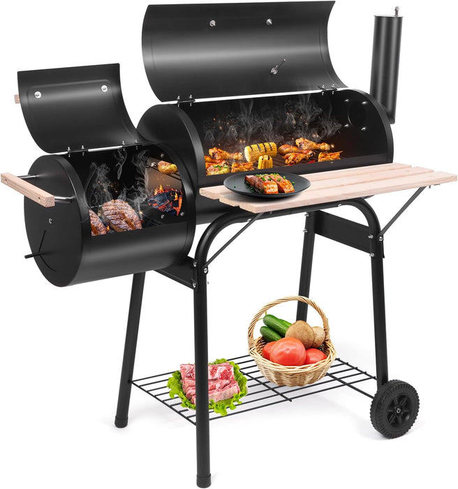 Charcoal Grill and Offset Smoker, Outdoor Patio Barbecue Cooker with Wheels, Portable Backyard BBQ Oven with Side Fire Box for Camping, Picnic, Party