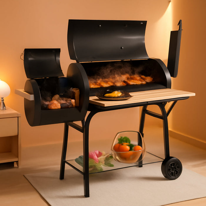 Charcoal Grill and Offset Smoker, Outdoor Patio Barbecue Cooker with Wheels, Portable Backyard BBQ Oven with Side Fire Box for Camping, Picnic, Party