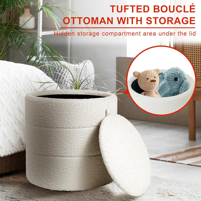 Storage round Ottoman with Removable Lid | Home Décor|Upholstered round Foot Rest Ottoman - Cream Boucle