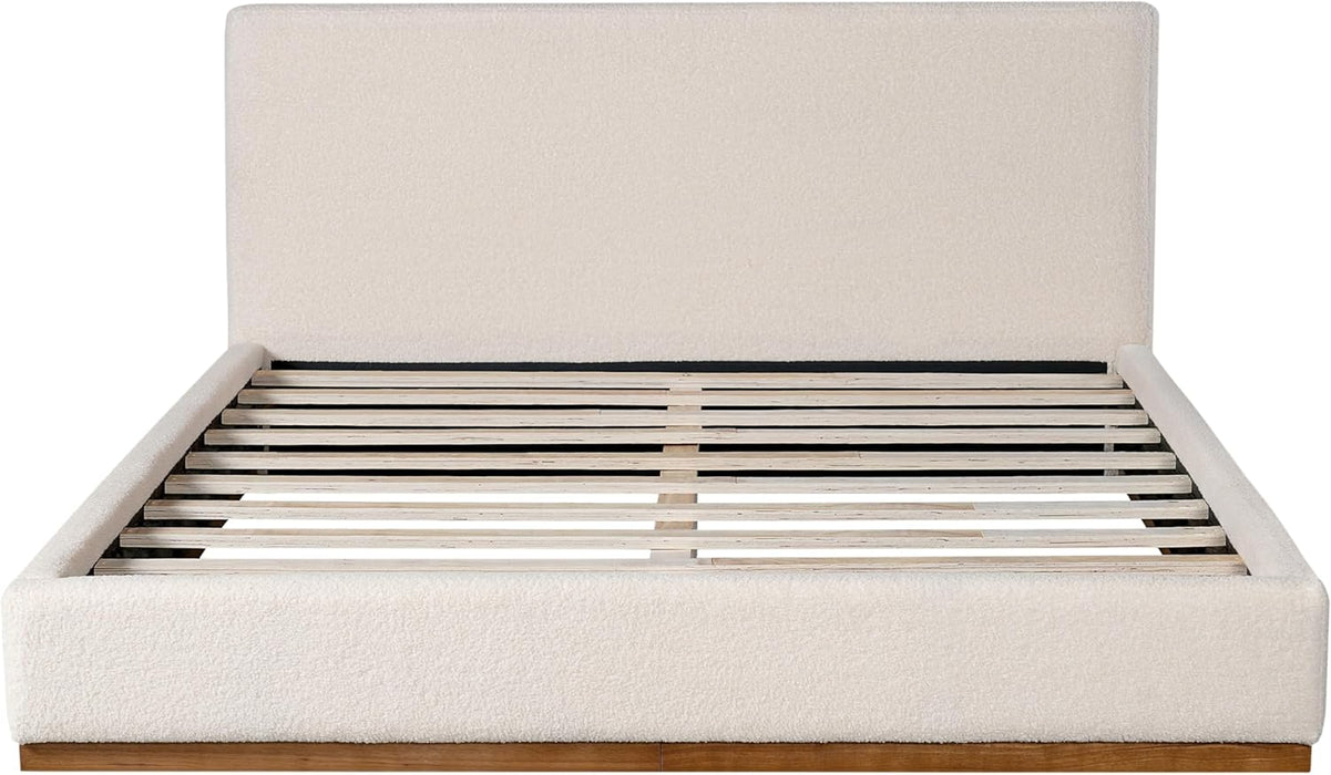 Bettine Boucle Queen Size Bed, Boucle Headboard and Footboard, Rectangular Queen Size Headboard, Slat Panel Support Platform Bed, No Spring Box Needed, Easy Assembly, White