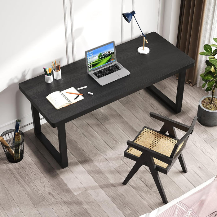 47 Inch Black Solid Wood Computer Desk | Sturdy Metal Base | Modern Home Office Desk | Durable Study Writing Table for Workspace, Multiple