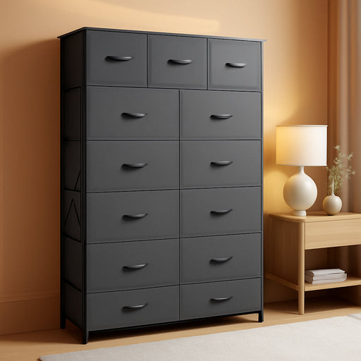 Tall Dresser for Bedroom with 13 Drawers, Storage Dresser Organizer Unit, Fabric Dresser for Bedroom, Closet, Chest of Drawers with Fabric Bins, Steel Frame, Wood Top, Dark Grey
