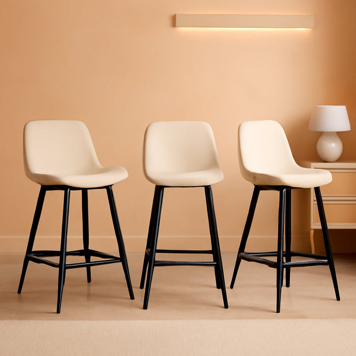 24 Inch Counter Stool, Modern Bucket Barstool Set of 3, Barstools with Back and Footrest, Faux Leather Bar Stools for Kitchen Island Restaurants, Antique White