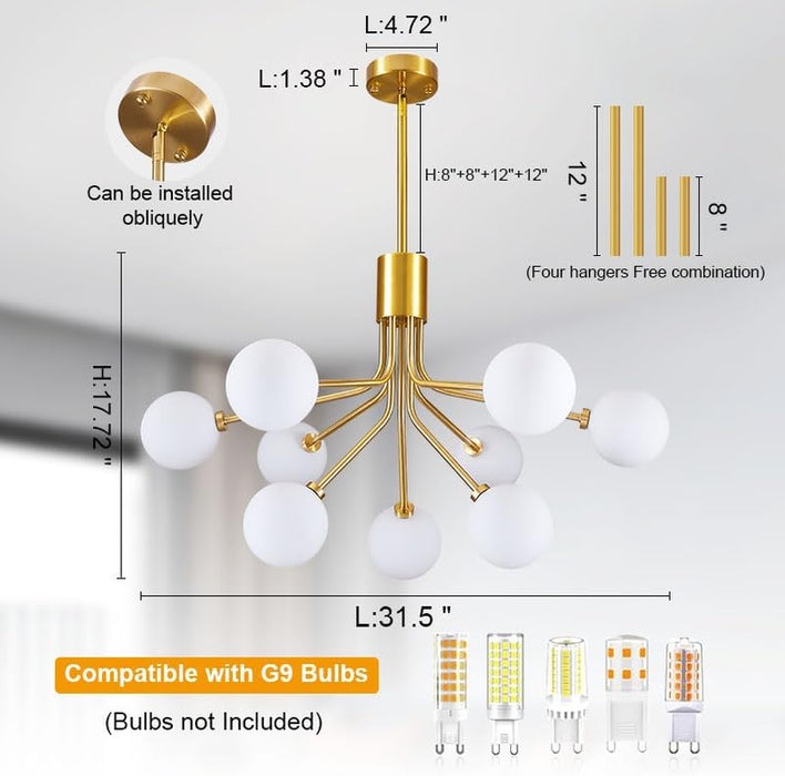 Gold Modern Chandelier 9-Light Glass Globe Ceiling Light Fixtures Mid Century Modern Sputnik Chandelier for Dining Room Kitchen Island Bedroom Living Room