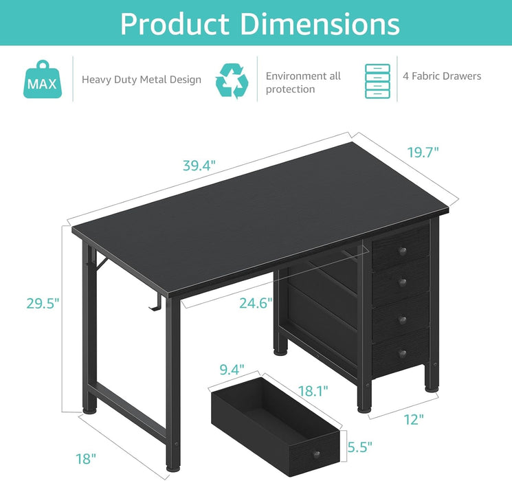 Small Gaming Desk with 4 Fabric Drawers, 40 Inch Kids Girls Teen Cute Study Desk for Bedroom, Work Computer Writing Table Desks for Small Space Home Office, Black