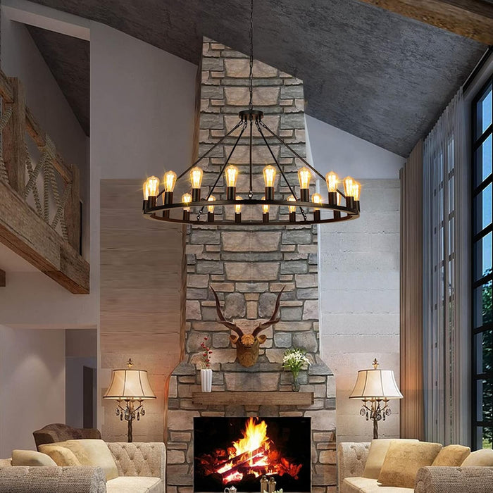 Wagon Wheel Chandelier, Large Black Farmhouse Chandelier for Dining Room Light Fixture, 20-Light 48 Inch Extra Hanging Lighting for High Ceilings Living Room Kitchen Island Foyer Villa