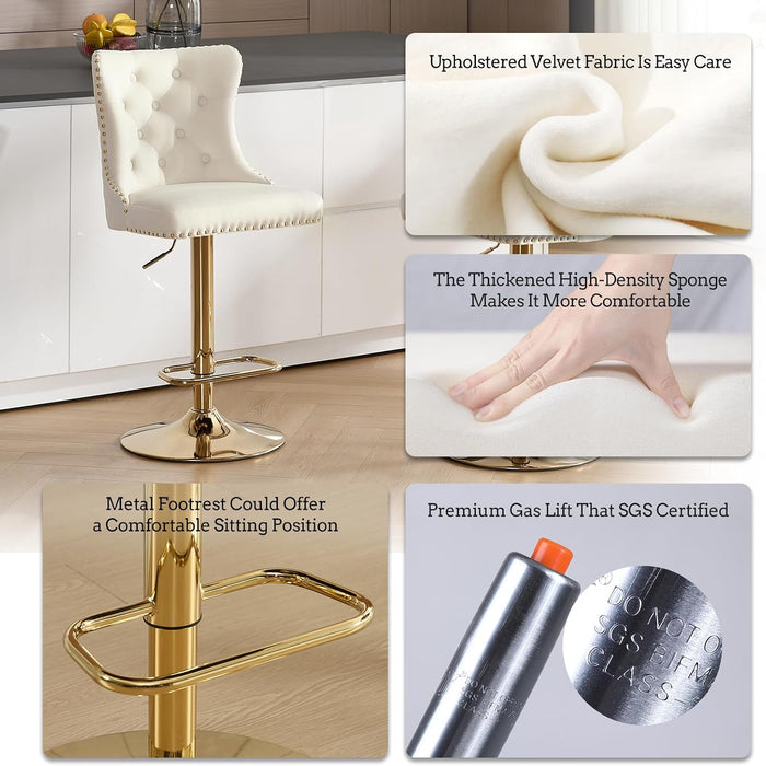 Swivel Gold Bar Stools Set of 2, Velvet Adjustable Barstools with Tufted Back, Nailheads Trim and Pull Ring, Counter Height Upholstered Bar Chairs for Kitchen Island Restaurant Home (Cream-Gold)