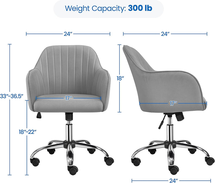 Modern Velvet Desk Chair Vanity Chair Height-Adjustable Swivel Computer Chair for Makeup Room Living Room Bedroom Soft Upholstered Office Chair Light Gray