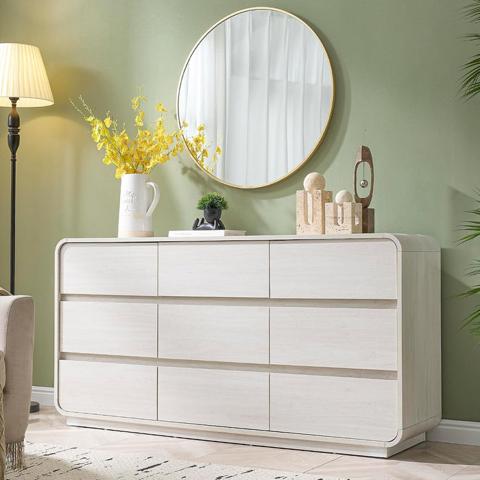 White Dressers of 9 Drawers, Chest Dresser with Deep Drawers, Modern Dresser Closet for Bedroom, Curved Drawer with Large Storage, 57'' Wide