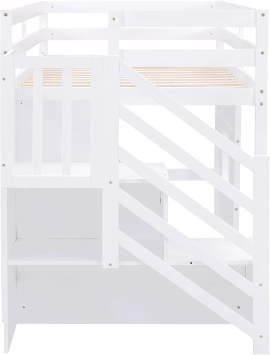 Low Loft Bed with Stairs, Twin Size Storage Loft Bed Frame with Staircase and Window, Wood Kids Loft Bed with Steps for Boys Girls Teens, White