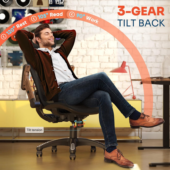Ergonomic Office Chair, High Back Home Desk Chair with 2D Flip-Up Arms, 3D Headrest, 90-120° Tilt and Wide Cushion, Big and Tall Mesh Chairs for Man Woman, Computer Task Chair Dark Wood Grain